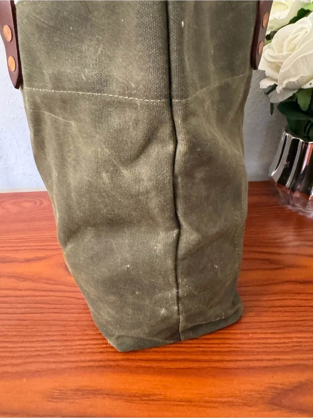 Hardmill Olive Green Waxed Canvas Duffel Tote with Brown Leather Handles